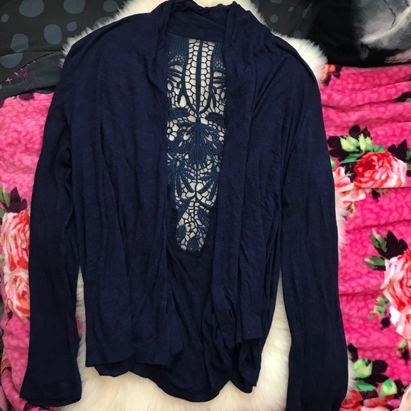 Lace back detail blue sweater cardigan. - Picture 5 of 6